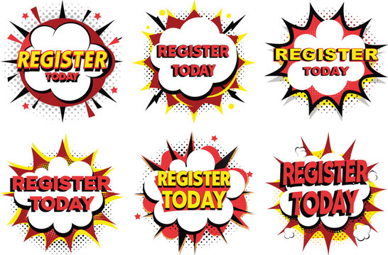 Six Colorful Comic Book Style Register Today Announcements