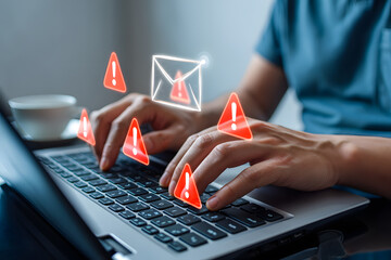 Cybersecurity alert: Person receives urgent email notification with multiple warning signs on laptop.