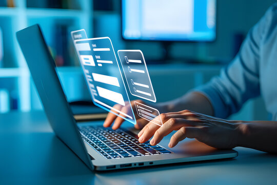 Person using laptop, online form, digital interface, futuristic, blue tone, modern technology, data entry, night scene, professional, efficient workflow.