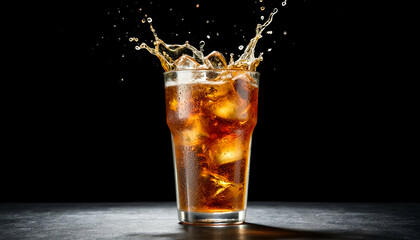 Cold glass of soda with ice splashing against a dark background  