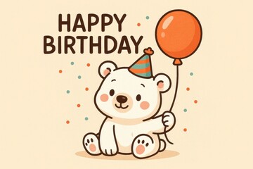 Cute Polar Bear Celebrating Birthday with Balloons and Happy Birthday Text