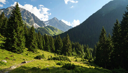 Fototapeta premium Scenic Mountain Landscape with Pine Trees under Bright Blue Sky