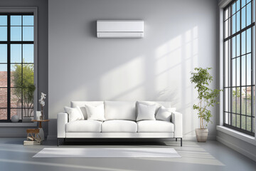Fototapeta premium Modern living room interior with a sleek wall-mounted air conditioner above a minimalist white sofa.