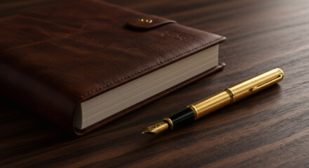 Luxurious Leather Journal and Gold Fountain Pen on Wooden Desk Elegant Writing Supplies