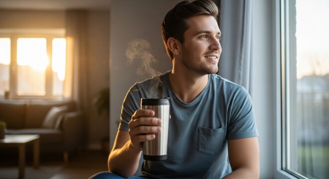 Man smiling and looking out a window while holding a steaming cup in a bright and airy living room