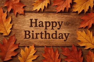 Rustic Autumn Birthday Card with Wooden Background and Happy Birthday Message