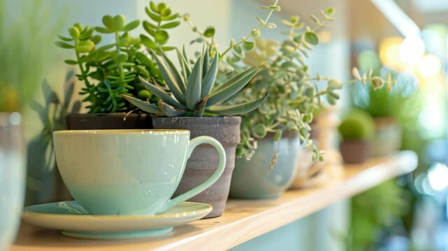 Plants on wooden shelf teacup