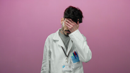 Young man in white coat stands against a vibrant pink background, exuding a serious expression with his credentials visible, suggesting a professional or scientific context.