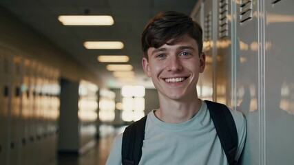 Portrait of a cheerful male student smiling at the camera in a school hallway, standing near lockers with a backpack, radiating positivity and enthusiasm for education - Powered by Adobe