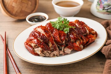 Roasted duck on ceramic plate with sauce, asian food	