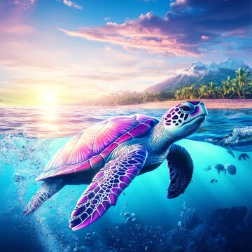 A colorful 3D sea turtle gliding through the ocean, with textured shell patterns