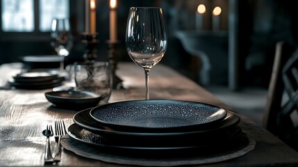 Fototapeta premium Served table by cutlery dishes and wine drinking glass in vintage aesthetic