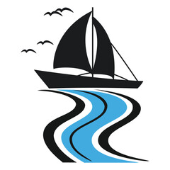 a black sailboat with seagulls reflected in wavy blue water, ideal for travel, vacation, ocean, and sailing themes