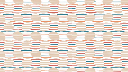 A repeating pattern of beige circles with horizontal lines and colorful horizontal stripes background
