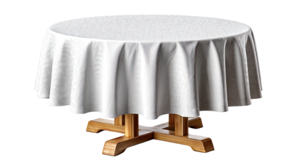 Elegant Round Table with White Tablecloth: A beautifully crafted round wooden table adorned with a pristine white tablecloth, ready to grace a dining room, a restaurant.