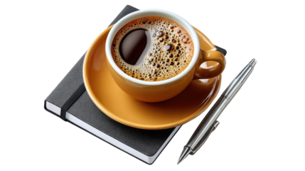 Coffee Break: A single cup of hot, dark coffee sits on a saucer, accompanied by a notebook and pen. A moment of respite, focus, and productivity for the workday.