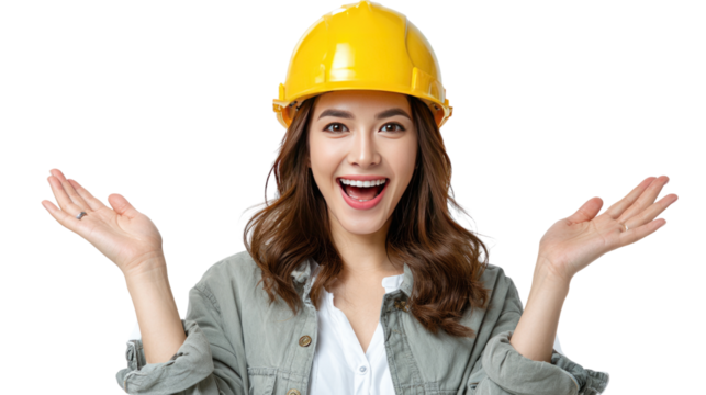 Enthusiastic Engineer: A smiling construction engineer, radiating positivity and confidence, displays open palms against a neutral backdrop.