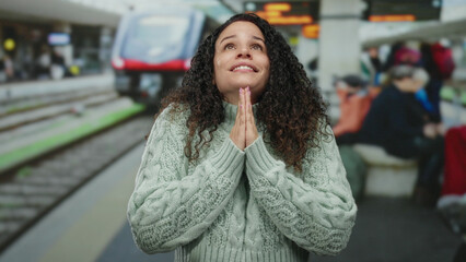 Young woman in winter sweater at train station outdoors, expressing hope and anticipation as commuters move around, highlighting public transportation and outdoor travel.