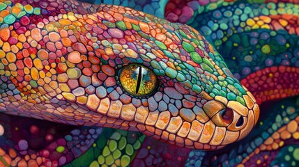 Close-up of a vibrant, multicolored snake's head with intricate scales and a captivating eye.