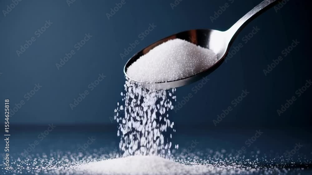 Poster white granulated sugar pouring from a metal spoon on a dark blue surface, creating a small pile, is 