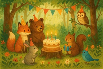 Woodland Themed Birthday Celebration with Animals and Cake