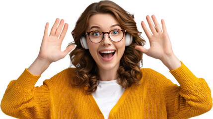 Joyful Soundscape: Captivating portrait of a woman with eyeglasses and headphones, experiencing pure joy through sound, her expressions perfectly capturing her connection to audio.