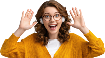 Joyful Soundscape: Captivating portrait of a woman with eyeglasses and headphones, experiencing pure joy through sound, her expressions perfectly capturing her connection to audio.