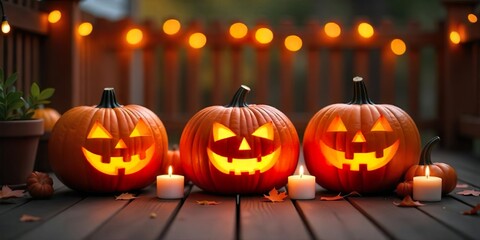 Fototapeta premium Three carved pumpkins with lit candles on a wooden deck, bathed in warm light,with three carved pumpkins arranged in a horizontal row. Background with halloween pumpkins, candles and autumn leaves