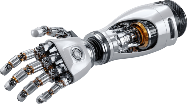 Bionic Arm: A cutting-edge prosthetic arm, featuring a futuristic design with intricate mechanical details, symbolizes the advancements in medical technology and human augmentation. 