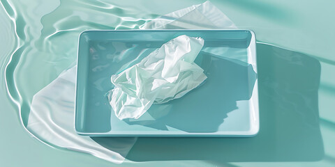 White crumpled paper on a blue tray with soft light reflections in a minimal abstract tabletop background

