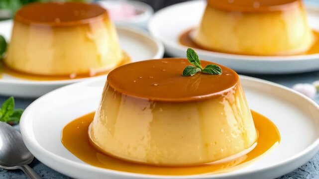 Delicious Caramel Flan dessert served on white plate with fresh mint leaf garnish, classic Spanish custard pudding with sweet sauce