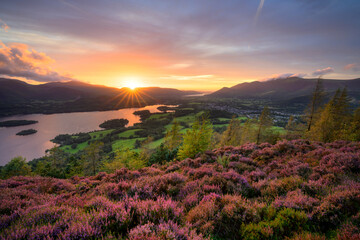 Beautiful view over Derwentwater as the sun sets behind mountains on a summer evening with purple...