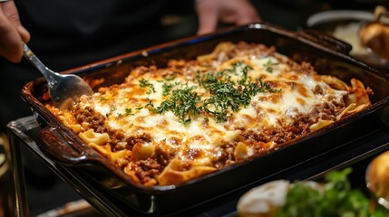 Serving beef lasagna with baked lasagna pasta minced beef