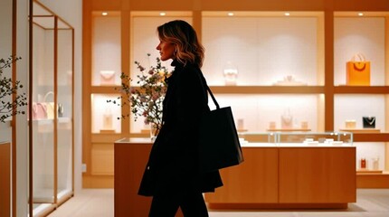 Elegant female personal shopper in luxury boutique with designer shopping bag, cinematic, 4K video