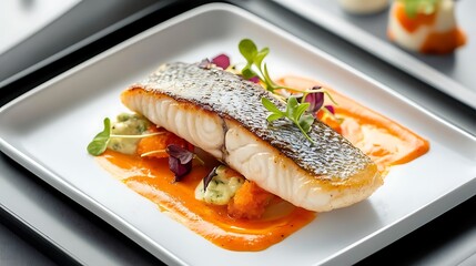 Serving fish dish as a business class food on board