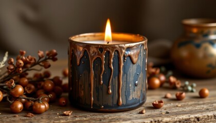 Copper and Gold Dripping Candle on Rustic Wooden Table