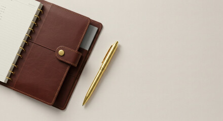 Brown Leather Planner Gold Pen Minimalist Office Desk Workspace Modern Business Stationery Clean