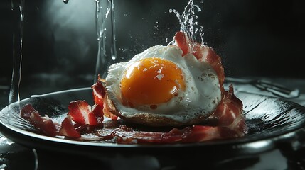 Serving fried egg with bacon on plate