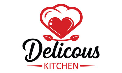 Delicious kitchen logo design featuring a red heart symbol with leaves and elegant black script font for the word delicious and red block letters for kitchen