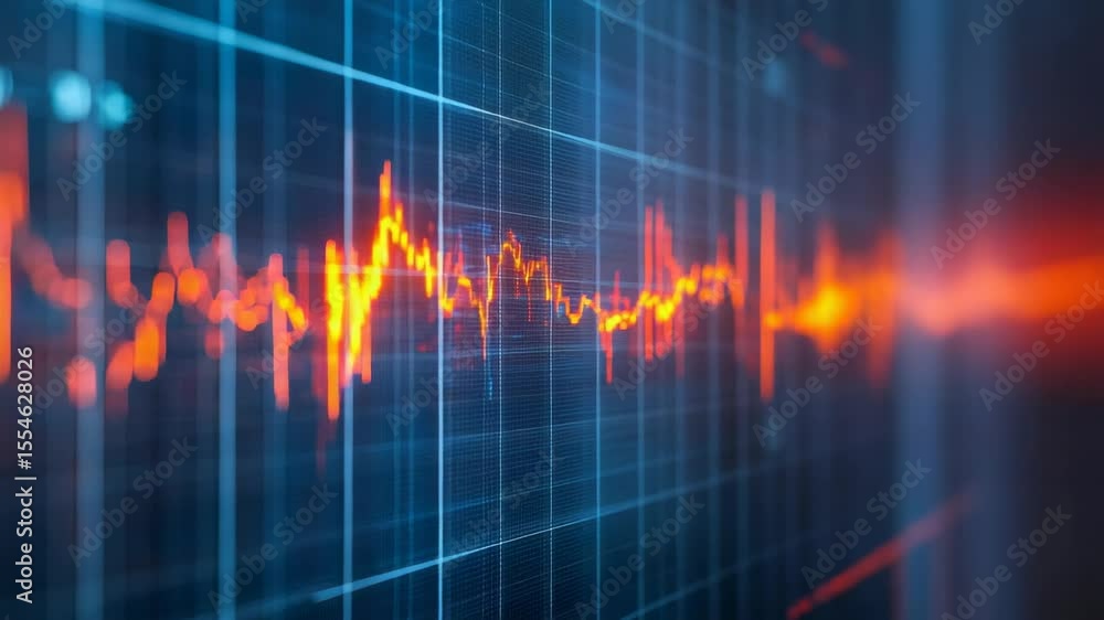 Fototapete Digital gridded screen displaying dynamic orange seismic wave lines representing real time earthquake activity detection and geological movement visualization