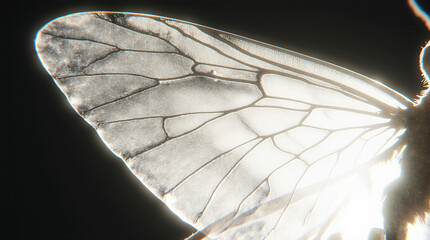  Microphotography and Close-Up of a Translucent Insect Wing Featuring Intricate Fractal Patterns, Backlit by Soft Natural Light, Showcasing Hyper-Realistic Details in a Scientific and Artistic Hybrid 