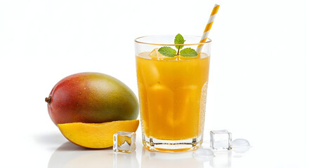 Fototapeta premium Fresh mango drink in clear glass with sliced mango and mint garnish.