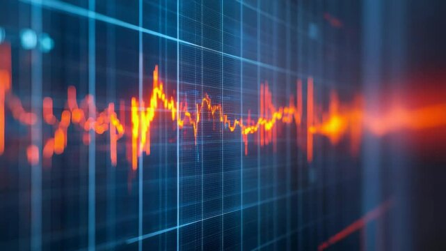 Digital gridded screen displaying dynamic orange seismic wave lines representing real time earthquake activity detection and geological movement visualization