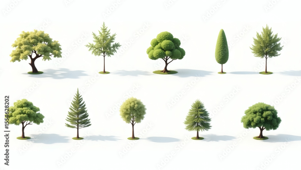 Poster a collection of various trees in a vibrant green, set against an empty space