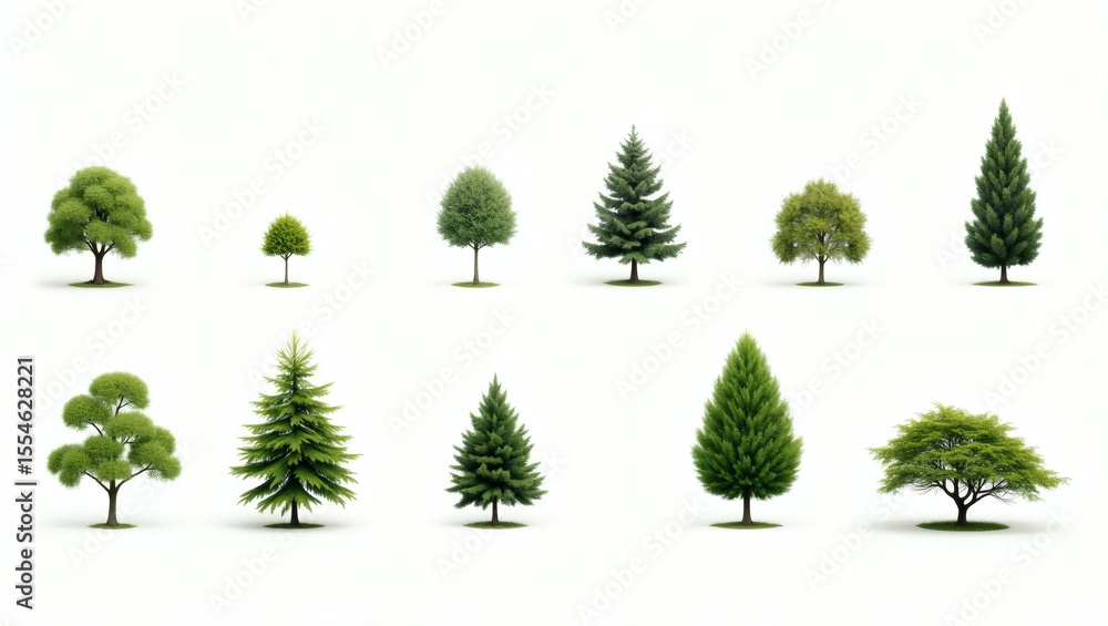Poster various types of trees arranged neatly. The trees are of different sizes and shapes, presenting a variety of foliage