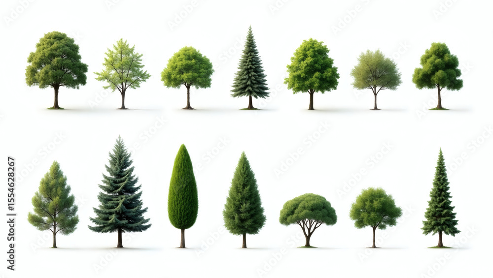 Poster various types of green trees isolated against a clear backdrop