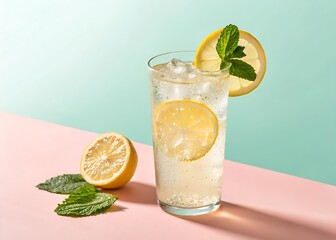 Fototapeta premium A refreshing glass of cold lemonade with fresh mint and lime slices