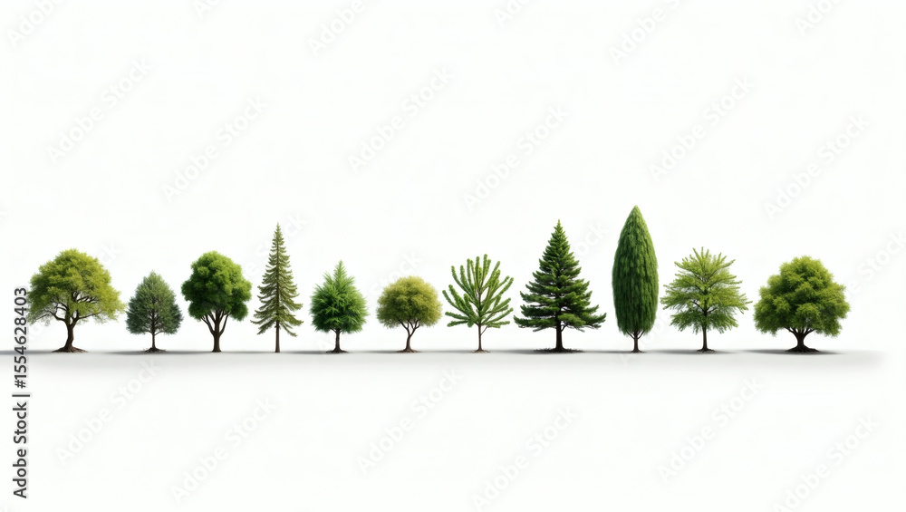 Poster A collection of different trees in row, showcasing various shapes and sizes. It is perfect for conveying concepts related to nature, growth, and diversity. 