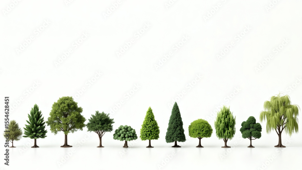 Poster a row of meticulously arranged miniature trees, showcasing various species and forms