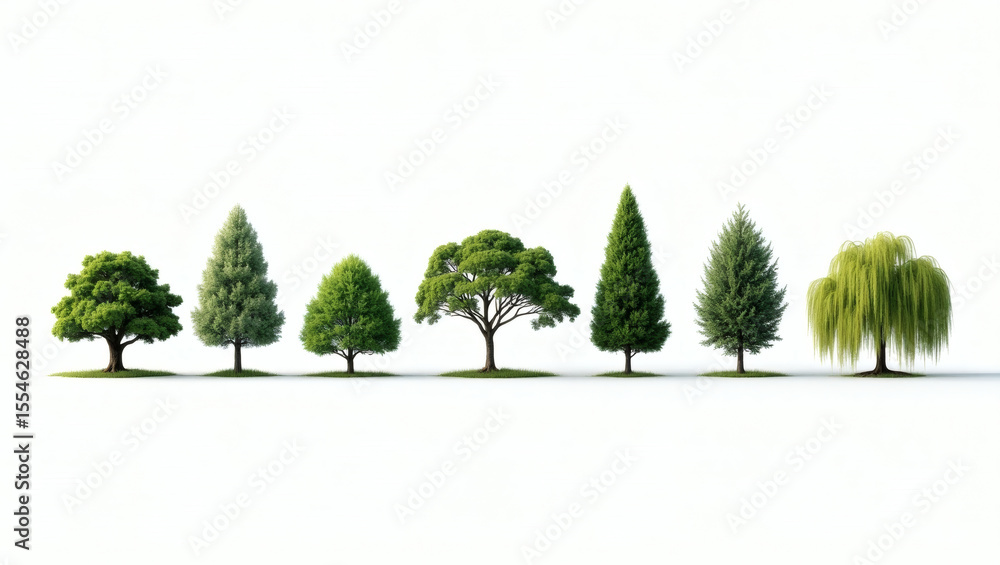 Poster a row of various green trees stands in front of a clear backdrop, showcasing diversity of trees